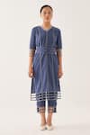 Shop_CROSS A LINE_Blue Cotton Linen Solid V Neck Maze Kurta And Trouser Set  _Online_at_Aza_Fashions