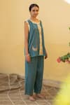 Priyanka Raajiv_Blue Organic Cotton Embroidery Sequin Round Aadi Woven Top And Pant Set _Online_at_Aza_Fashions