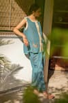 Priyanka Raajiv_Blue Organic Cotton Embroidery Sequin Round Aadi Woven Top And Pant Set _at_Aza_Fashions