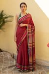 Buy_Priyanka Raajiv_Red Organic Cotton Woven Stripe Aava Saree With Ish Running Blouse _at_Aza_Fashions