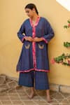 Buy_Priyanka Raajiv_Blue Organic Cotton Embroidery Sequin V Neck Aroon Kurta And Flared Pant Set _at_Aza_Fashions