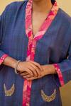 Shop_Priyanka Raajiv_Blue Organic Cotton Embroidery Sequin V Neck Aroon Kurta And Flared Pant Set _at_Aza_Fashions