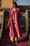 Priyanka Raajiv_Pink Silk, Brocade Tassels V-neck Neima Kurta And Nara Palazzo Set _Online_at_Aza_Fashions