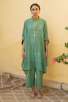 Buy_Priyanka Raajiv_Green Organic Cotton Hand Embroidered Patch Sadeh Kaftan And Pant Set _at_Aza_Fashions