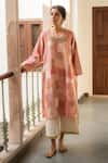 Priyanka Raajiv_Pink Silk Hand Embroidered Floral Print Senara Patch Work Kurta And Pant Set _Online_at_Aza_Fashions