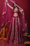 Shop_Monk & Mei_Purple Silk And Brocade Blend Woven Floral Sweetheart Neck Leela Lehenga Set _Online_at_Aza_Fashions