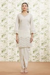 Kaia_White Cotton Embroidered Thread V Neck Kurta Dhoti Pant Set _Online_at_Aza_Fashions