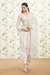 Buy_Kaia_White Cotton Embroidered Resham Leaf Neck Kurta Farzi Pant Set  _at_Aza_Fashions