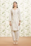 Kaia_White Cotton Embroidered Resham Leaf Neck Kurta Farzi Pant Set  _Online_at_Aza_Fashions