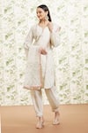 Kaia_White Cotton Embroidered Resham Leaf Neck Kurta Farzi Pant Set  _at_Aza_Fashions