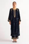 Buy_Anantaa by Roohi_Blue Velvet Placement Hand Embroidery Sequin Notched Round Neck Kurta With Pant _at_Aza_Fashions