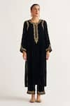 Buy_Anantaa by Roohi_Black Velvet Placement Hand Embroidery Sequin Notched Round Neck Kurta With Pant _at_Aza_Fashions