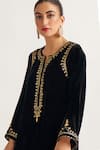 Anantaa by Roohi_Black Velvet Placement Hand Embroidery Sequin Notched Round Neck Kurta With Pant _at_Aza_Fashions