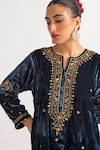 Shop_Anantaa by Roohi_Blue Velvet Hand Embroidery Sequin Notched Round Neck Kurta With Pant _Online_at_Aza_Fashions