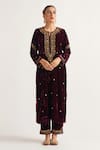 Buy_Anantaa by Roohi_Wine Velvet Hand Embroidery Sequin Notched Round Neck Contrast Kurta With Pant _at_Aza_Fashions