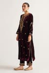 Buy_Anantaa by Roohi_Wine Velvet Hand Embroidery Sequin Notched Round Neck Contrast Kurta With Pant _Online_at_Aza_Fashions