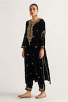 Buy_Anantaa by Roohi_Black Velvet Hand Embroidery Sequin Notched Round Neck Straight Kurta With Pant _Online_at_Aza_Fashions