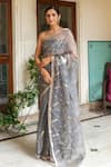 Buy_Geroo Jaipur_Grey Pure Kota Silk Embroidered Floral Work Saree With Unstitched Blouse Fabric_at_Aza_Fashions