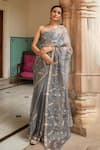 Shop_Geroo Jaipur_Grey Pure Kota Silk Embroidered Floral Work Saree With Unstitched Blouse Fabric_Online_at_Aza_Fashions