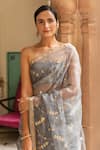 Geroo Jaipur_Grey Pure Kota Silk Embroidered Floral Work Saree With Unstitched Blouse Fabric_at_Aza_Fashions