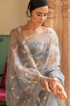 Shop_Geroo Jaipur_Grey Pure Kota Silk Embroidered Floral Work Saree With Unstitched Blouse Fabric_at_Aza_Fashions