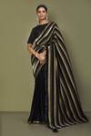 Buy_Khwaab by Sanjana Lakhani_Black Satin Silk Foil Print Stripe Boat Pre-draped Saree With Blouse For Women_at_Aza_Fashions