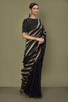 Khwaab by Sanjana Lakhani_Black Satin Silk Foil Print Stripe Boat Pre-draped Saree With Blouse For Women_Online_at_Aza_Fashions