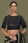 Shop_Khwaab by Sanjana Lakhani_Black Satin Silk Foil Print Stripe Boat Pre-draped Saree With Blouse For Women_Online_at_Aza_Fashions