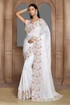 Buy_Kalighata_Ivory Silk Sequins, Beads, Cut Work Round Neck Embroidered Saree And Blouse Set _at_Aza_Fashions