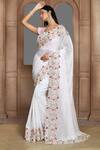 Kalighata_Ivory Silk Sequins, Beads, Cut Work Round Neck Embroidered Saree And Blouse Set _Online_at_Aza_Fashions