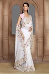 Buy_Kalighata_Ivory Silk Sequins, Beads, Cut Work Round Neck Embroidered Saree And Blouse Set _Online_at_Aza_Fashions