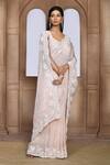 Kalighata_Peach Organza Sequins, Pearls, Cut Work Floral Embroidered Saree _Online_at_Aza_Fashions