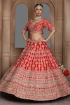 Kalighata_Red Raw Silk Embroidered Thread And Zardozi Work Leaf Bhavna Bridal Lehenga Set _at_Aza_Fashions