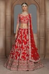 Kalighata_Red Silk, Chiffon Sequins, Zari, Cut Work Raw Embroidered Bridal Lehenga Set _Online_at_Aza_Fashions