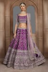 Kalighata_Purple Silk, Net Sequins, Zari Swastik Thread Embroidered Bridal Lehenga Set _Online_at_Aza_Fashions