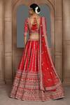 Shop_Kalighata_Red Silk, Net Sequins, Zari Boat Neck Akira Stripe Pattern Bridal Lehenga Set _at_Aza_Fashions