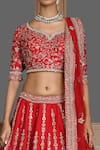 Kalighata_Red Silk, Net Sequins, Zari Boat Neck Akira Stripe Pattern Bridal Lehenga Set _Online_at_Aza_Fashions