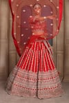 Shop_Kalighata_Red Silk, Net Sequins, Zari Boat Neck Akira Stripe Pattern Bridal Lehenga Set _Online_at_Aza_Fashions