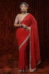 Buy_SHIKHAR SHARMA_Red Saree Georgette Embroidery Badla Leaf Neck Surkh With Blouse _at_Aza_Fashions