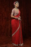 SHIKHAR SHARMA_Red Saree Georgette Embroidery Badla Leaf Neck Surkh With Blouse _Online_at_Aza_Fashions