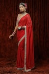 Buy_SHIKHAR SHARMA_Red Saree Georgette Embroidery Badla Leaf Neck Surkh With Blouse _Online_at_Aza_Fashions