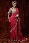 SHIKHAR SHARMA_Pink Saree Georgette Embroidery Badla V Neck Border With Blouse _Online_at_Aza_Fashions