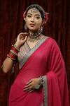 Shop_SHIKHAR SHARMA_Pink Saree Georgette Embroidery Badla V Neck Border With Blouse _Online_at_Aza_Fashions
