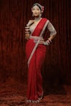 Buy_SHIKHAR SHARMA_Red Saree Georgette Embroidery Badla V Neck With Silk Chanderi Blouse _at_Aza_Fashions