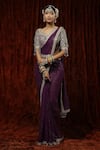 Buy_SHIKHAR SHARMA_Purple Saree Georgette Embroidery Badla Leaf Neck With Silk Chanderi Blouse _at_Aza_Fashions