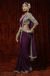 Shop_SHIKHAR SHARMA_Purple Saree Georgette Embroidery Badla Leaf Neck With Silk Chanderi Blouse _Online_at_Aza_Fashions