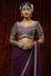 Buy_SHIKHAR SHARMA_Purple Saree Georgette Embroidery Badla Leaf Neck With Silk Chanderi Blouse 