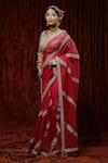 Buy_SHIKHAR SHARMA_Pink Saree Pure Crepe Embroidery Badla V Neck Gota With Silk Chanderi Blouse _Online_at_Aza_Fashions