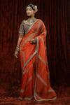 Buy_SHIKHAR SHARMA_Orange Saree Organza Embroidery Stripe With Silk Chanderi Blouse _at_Aza_Fashions