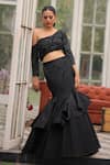 Shop_House of Tushaom_Black Mushroom Satin Embroidery Sequin Asymmetric Mermaid Skirt And Blouse Set _Online_at_Aza_Fashions